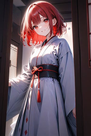 BEST QUALITY, HIGHRES, ABSURDRES, HIGH_RESOLUTION, MASTERPIECE, SUPER DETAIL, HYPER DETAIL, INTRICATE_DETAILS, 64K, a ghost girl with red hair and red eyes, wearing Japanese ghost clothes and floating in the air smiling, she is inside a house