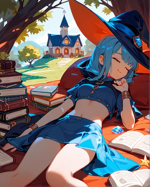 (score_9,score_8_up,score_7_up), 1girl, lying, crystal, House tree, fantasy, witch clothes, candlebron, books, disorder, sleep, short skirt, crop top