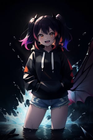 painted colorful bats, multicolored splash, black background, high quality, 4k, masterpiece, dynamic lights, HDR, 1girl, laughing, sharp teeth, dark color palette, twintails, hoodie, focus on girl, long nails, contemplative, pale skin, visual effects, (anatomically correct), micro denim shorts hot pants