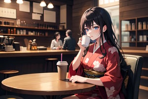 Pretty girl about 28 years old. Wearing an ornate kimono. The girl is sitting in a coffee shop. She is not drinking coffee. She is not holding the cup. There is a coffee cup on the table. ,glitter,long hair