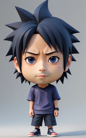 extreme charicature ,full body, sasuke, half body, big head, 
 simple background, 3d caricature style, 