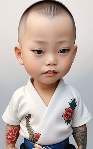 extreme charicature ,full body,litle boy, half body, big head, yakuza, full tatto, 
 simple background, 3d caricature style, 