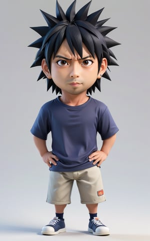 extreme charicature ,full body, sasuke, half body, big head, 
 simple background, 3d caricature style, 