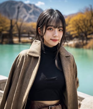 Portrait of a 18 year girl, long black hairs with bangs, detailed eyes, detailed face, detailed nose, detailed hairs, place Japan, eungirl, with full body in frame, warm clothing, brown coat, black leather skirt, black wool crop top, black boots, delicate, graceful figure, beautiful and sexy supermodel, beautiful and perfect face, suitable body, tight waist, correct anatomy, Bright eyes, realistic body, realistic, 16k resolution, original image, raw photo, high details, high image quality, sharp focus, dynamic light, medium depth of field, whole body, place walking by mono-colored lake

Full_body shot, facing the camera, shy faint smile