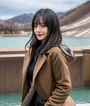 Portrait of a 18 year girl, long black hairs with bangs, detailed eyes, detailed face, detailed nose, detailed hairs, place Japan, eungirl, with full body in frame, warm clothing, brown coat, black leather skirt, black boots, delicate, graceful figure, beautiful and sexy supermodel, beautiful and perfect face, suitable body, tight waist, correct anatomy, Bright eyes, realistic body, realistic, 16k resolution, original image, raw photo, high details, high image quality, sharp focus, dynamic light, medium depth of field, whole body, place walking by mono-colored lake

Full_body shot from the side angle, facing the camera, shy faint smile