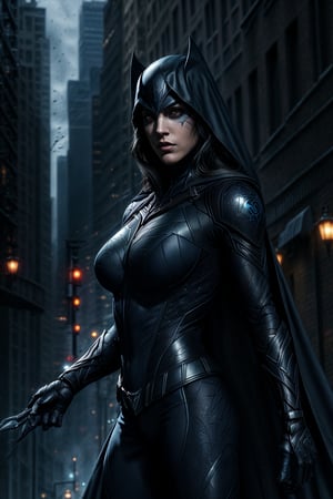 (detailed face: 1.2), Best quality, masterpiece, serious, ultra-high 
In the darkest corners of Gotham City, a formidable figure lurks, cloaked in mystery and wielding extraordinary powers. Meet Nightshade, the Shadow Avenger, a vigilante like no other. With a tragic past that fuels her desire for justice, she harnesses her supernatural abilities to strike fear into the hearts of criminals.

Her striking image reveals an aura of enigma and power. Standing tall amidst the shadowy backdrop of Gotham's desolate alleyways, she wears a sleek, form-fitting suit, adorned with intricate patterns that shimmer like stars in the night sky. Her ebony cape cascades gracefully behind her, resembling the dark mist she blends into effortlessly. A mask, sculpted to perfection, conceals her identity, allowing her to remain an enigmatic symbol of hope for the oppressed.She is of indian origin.She is deadly.

Nightshade's piercing gaze, a stark contrast against her pale complexion, reflects the burden she carries. She has the ability to control shadows and bend them to her will. In the high-resolution image, wisps of shadowy tendrils seem to coil around her fingertips, hinting at the immense power she possesses. Illuminated by the faint glow of a flickering streetlight, the image captures her poised, ready to descend upon evildoers with swift justice.

Gotham City's criminals whisper tales of a haunting presence, a figure that strikes without warning, and vanishes like a wisp of smoke. Nightshade's story unfolds in the darkness, intertwining with the city's eerie history. The image captures her as a symbol of hope and fear, a beacon for the innocent and an omen for the wicked.

As the city's corruption festers, Nightshade's determination grows stronger. Unwavering in her quest for justice, she stands against the malevolent forces that threaten to consume Gotham. A guardian of the oppressed, she brings retribution to the wicked and delivers peace to the innocent.

Witness the rise of Nightshade, the Shadow Avenger, as she becomes a legendary figure in the dark and gritty world of Gotham City. Her high-resolution image serves as a testament to her indomitable spirit and unwavering resolve, embodying the essence of a true superhero in the Gotham style.
resolution, (photorealism),  full image, full body, hyper-realistic, camera glare, film grains, uncompressed UHD 8K format, cinematic lights, cinematic colors, Realism,