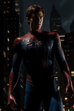 Andrew Garfield's Spider-Man emerges from shadows, eyes blazing with intensity as he surveys the dark cityscape behind him. The tight frame focuses on his chiseled features, symbiote-infused suit, and the intricate web-like patterns that seem to pulse with energy. His confident stance radiates power, as if prepared to face any unseen threat head-on.