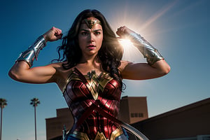 Wonder Woman stands confidently in a heroically-framed shot, with a warm sun-kissed glow illuminating her iconic red and gold costume. Her powerful physique is showcased as she flexes her mighty arms, one hand grasping the Lasso of Truth. Against a vibrant blue sky, her golden tiara shines like a beacon, with the DC Comics logo subtly integrated into the background.