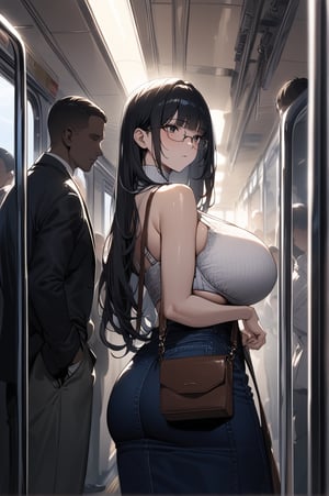 masterpiece, best quality, aesthetic, highres, 

BREAK 
1girl, 40yo, milf, tall stature, shiny skin, expressionless, black hair, long straight hair, blunt bangs, black eyes, jitome, deailed eyes, huge breasts, hanging breasts, thick thighs, huge ass, 
glasses, white turtleneck sweater, sleeveless, bra lift, denim long skirt, shoulder bag, 
ride on the train, standing, holding onto a train handle, looking away, 

BREAK 
in train, train interior, multiple boys, crowd train, packed train, multiple boys, faceless boys, 
at evening, dramatic lighting, cinematic lighting, 
cowboy shot, from side,  