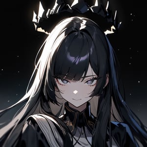 masterpiece, best quality, very aesthetic, absurdres, 
1girl, Virtuosa \(Arknights\), Arknights, 
black straight hair, long hime cut, halo, 
frontal face, detailed shiny eyes, black eyes, narrowed eyes, lower eyelashes, 
chin down, upturned eyes, looking at viewer, closed smile, 
solo, female focus, 

BREAK 
from front, portrait, 
dark background, cinematic lighting, 