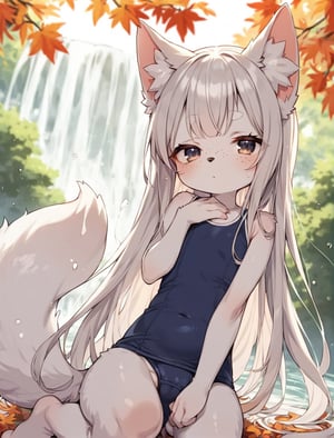 score_9, score_8_up, score_7_up, 
source_anime, source_furry, 
BREAK 
1girl, (loli, petite), 
furry, canine, fox ears, animal ear fluff, 
platinum hair, very long hair, sideburns, 
expressionless, black eyes,  (narrowed eyes, jitome), 
freckles on face, 
body fur, white fur, fluffy, 
toddler body, skinny, flat chest, 
dark-blue school swimsuit, fox tail, 
kneeling, put hands on chest, head tilt, 
BREAK 
female focus, solo focus, dynamic angle, 
outdoor, waterfall, ginkgo nut tree, autumn, 
steam, water splash, 
backlighting, orange highlight, 
depth of field, 
chromatic aberrations, countershading, 