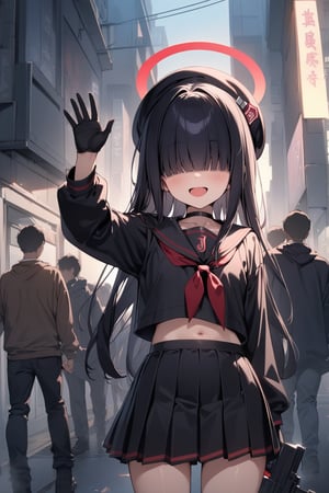 1girl, 13yo, Justice Task Force member \(Blue Archive\), 
darkblack hair, long hair, hime cut,  (bangs, hair over eyes, hair covered eyes), smile:0.6, half-open mouth, 
gaunt, small breasts, slender arms and legs, black beret, black glove, choker, black short serafuku, navel, black pleated skirt, neon-red halo, 

standing, raise arm, put hand close to face, waving hand, Shoulder mounted assault rifle, looking at viewer, from front, cowboy shot, 

BREAK 
masterpiece, best quality, aesthetic, highres, absurdres, 
simple background, depth of field, outdoor, in Harajuku, lot of faceless person, 
dramatic lighting, cinematic lighting, at morning, 