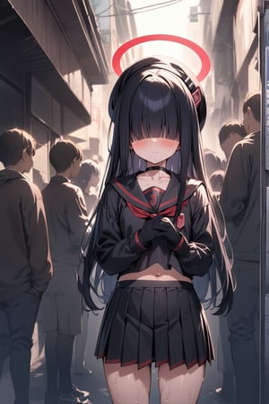 1girl, 13yo, Justice Task Force member \(Blue Archive\), 
darkblack hair, long hair, hime cut,  (bangs, hair over eyes, hair covered eyes), close mouth, blush, heavy sweaty, 
gaunt, collarbone, small breasts, slender arms and legs, black beret, black glove, choker, black short serafuku, navel, long-sleeves, black pleated skirt, black high-socks, neon-red halo, 

standing, hang head in shame, put hands on chest, looking down, long shot:1.5, 

BREAK 
masterpiece, best quality, aesthetic, highres, absurdres, 
simple background, depth of field, outdoor, in Harajuku, lot of faceless person, 
dramatic lighting, cinematic lighting, at morning, 