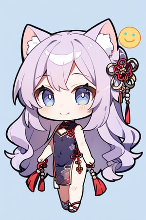 1girl, solo, chibi, full body, looking at viewer, smiley face, blue eyes, cat ears, long hair, violet hair, chinese dress, blue background