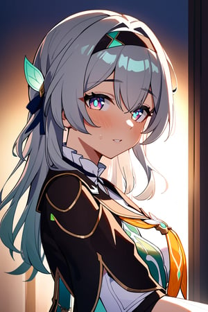1girl, with ambient light from the side, light makeup, warm, moist, oily complexion, more detail XL,
looking at viewer,
,firefly \(honkai:star rail\),black jacket, white shirt, neckerchief,green skirt,bridal gauntlets,