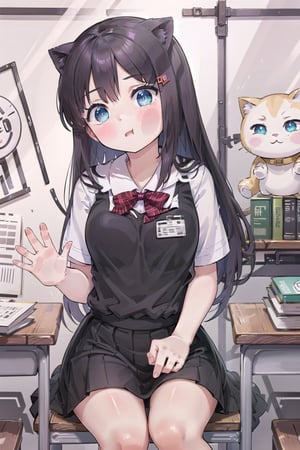 A masterpiece featuring a cute Neko Girl in a charming school uniform, with a bold and colorful Cheongsa glass-inspired background. The shot frames the subject sitting at a wooden desk, surrounded by textbooks and stationery, her eyes sparkling with curiosity. Soft, warm lighting casts a gentle glow on her face, highlighting her endearing features.