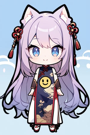 1girl, solo, chibi, full body, looking at viewer, smiley face, blue eyes, cat ears, long hair, violet hair, chinese dress, blue background