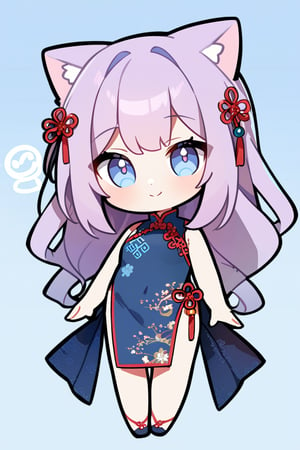 1girl, solo, chibi, full body, looking at viewer, smiley face, blue eyes, cat ears, long hair, violet hair, chinese dress, blue background