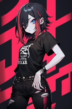 one Female Punk Rocker named Jill, pale skin color, Bold haircut, Black hair, piercing blue eyes, with Black faded Faded Red T-shirt, wearing Ripped Black Jeans