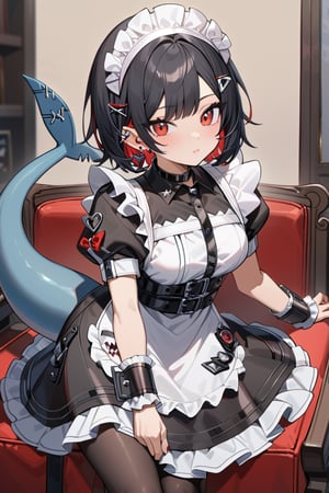 more detail XL,ellen, red eyes, black hair, short hair, colored inner hair, hairclip, ear piercing, fins, shark tail,maid headdress, hair ornament, black dress, puffy short sleeves, choker, frilled dress, high-waist skirt, black pantyhose, wrists cuffs, apron, belt, black footwear