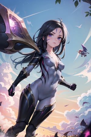 masterpiece, kaisa, black hair, long hair, purple eyes, facial mark, bodysuit, wings, looking_at_viewer, kawaii, loli