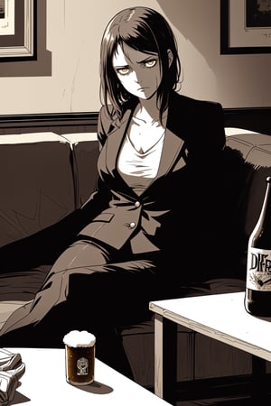 A worn-out businesswoman slumps on a couch, her tailored suit a stark contrast to the relaxed atmosphere. Beer bottles litter the coffee table, evidence of a long night. The dimly lit room's warm glow casts a cozy ambiance, with soft shadows dancing across the walls. Her posture screams exhaustion, her gaze downcast as she cradles an empty beer bottle.