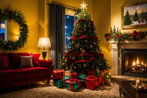 surrealism, intricate details, masterpiece, rich textures, volumetric light, vivid color reflections, christmas tree