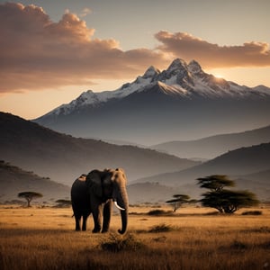 A photorealistic image of an African elephant  standing in a tall grass field at dusk. The elephant is facing the viewer with its trunk raised in the air.  In the background, a majestic, snow-capped mountain range stretches across the horizon, with the faint light of the setting sun casting a warm glow on the peaks. 