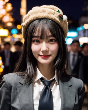 A 18 year girl, long straight black hairs with bangs, detailed eyes, detailed face, detailed nose, detailed hairs, place Japan, eungirl, with full body in frame, wearing suit and tie, black necktie, wearing black beret hat ladylike, delicate, graceful figure, beautiful and sexy supermodel, beautiful and perfect face, suitable body, tight waist, correct anatomy, Bright eyes, realistic body, realistic, 16k resolution, original image, high details, high image quality, sharp focus, dynamic light, medium depth of field,  whole body, place japanese streets, night time, night setting, christmas street lights, walking along coastline, shy smile, ocean view

full_body shot from the side angle, facing the camera