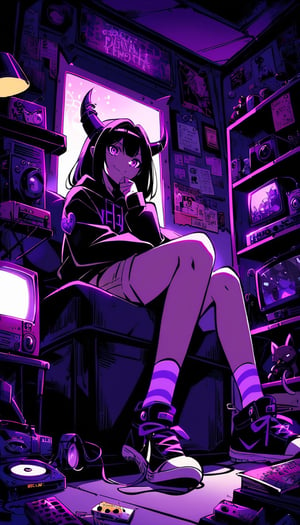 1girl,la+ darkness , hololive, Composition looking up from below, anime-style drawing style, spotlight on person, cinematic lighting, a queen alone, jester outfit, throne, sitting with legs crossed, intimidation, expression of delight, (diabolical laugh):1.2,scorn, royal dignity, resting chin on hand, purple throne, purple throne room, predominantly purple color scheme, 1girl, solo, (devil horn):1.5,black hoodie, khaki shorts, striped socks, sneakers, purple sneakers, electric guitar, brown guitar body, white guitar pegs, camera on head, camera lens over eye, smiling, neon sign, "ROKIROKI" text, purple neon, stylish font, shelves, stuffed animals, figurines, bears, cats, rabbits, cassette tapes, records, accessories, miniature models, vintage items, retro telephone, game cartridges, picture frames, small boxes, whiteboard or screen, purple lighting, neon atmosphere, retro TV, static on TV screen, remote control, scattered cassette tapes, pin badges, nostalgic items, modern elements, music theme, fantasy atmosphere, detailed room, cluttered shelves, eclectic decor,