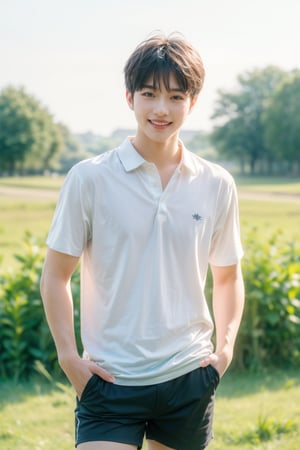 Best quality, masterpiece, ultra high res, (photorealistic:1.4), raw photo, 1boy,handsome boy,shorts , countryside background, confident smile,upper body,standing,