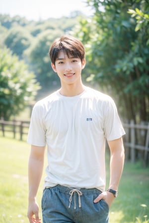 Best quality, masterpiece, ultra high res, (photorealistic:1.4), raw photo, 1boy,handsome boy,shorts , countryside background,glowing skin, confident smile,upper body,standing,