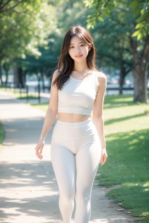 Best quality, masterpiece, ultra high res, (photorealistic:1.4), raw photo, 1girl, very Tight white yoga pants ,standing on the park walking trail,lake beside the walking trail, confident smile,upper body,standing,