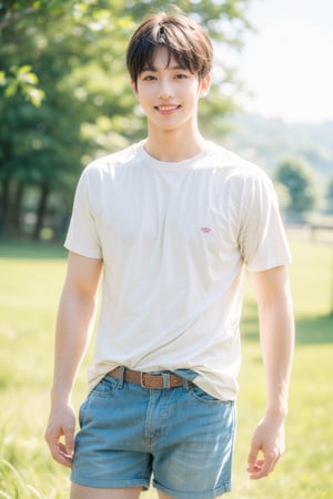 Best quality, masterpiece, ultra high res, (photorealistic:1.4), raw photo, 1boy,handsome boy,shorts , countryside background,glowing skin, confident smile,upper body,standing,