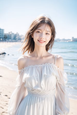 Best quality, masterpiece, ultra high res, (photorealistic:1.4), raw photo, 1girl, white dress, off shoulder, seaside background, blue sky,glowing skin, light smile