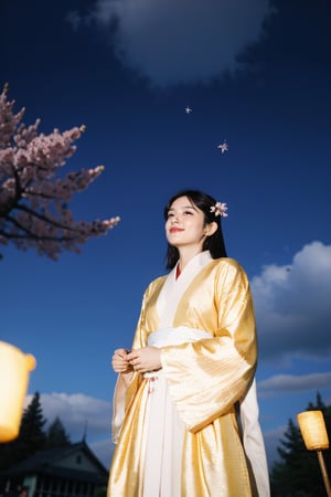 1girl, scenery, (depth of field, blurry foreground, blurry background), dark lighting, volumetric lighting, glowing particles, light particles, dimmed lighting, (intricate details), clouds, from below, hanfu, golden portal, hanabi taikai, omatsuri, sakura cherry blossoms, holding weapon, sarashi, open chest