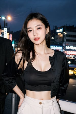 (intimate photo), 1girl,  busty slender Korean girl K-pop idol, long hair,  instagram model,  50mm, flash photography,  real life, cute face, tight thin form fitting crop top emphasizing her large bust and pencil skirt , in Seoul city, at night, tight waist ,lora:extendeddownblouse_v10:1