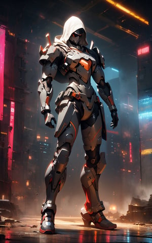 wide full_body view, 1man, white hood , standing pose onbattlefield background, rule of third, studio lighting, ultra detailed, ultra realistic, dramatic, sharp focus, remarkable color,cyberpunk style,mecha,red crystal arm, Mechanical thigh,2D,black armor,robot