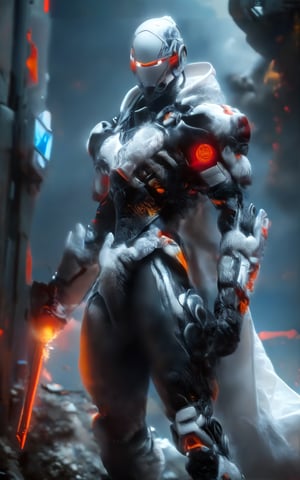 wide full_body view, 1man, white hood , standing pose onbattlefield background, rule of third, studio lighting, ultra detailed, ultra realistic, dramatic, sharp focus, remarkable color,cyberpunk style,mecha,red crystal arm, Mechanical thigh,2D,black armor