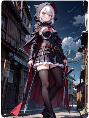 1girl, short hair, breasts, looking at viewer, blush, bangs, skirt, shirt, red eyes, thighhighs, holding, hair between eyes, medium breasts, standing, weapon, dagger, white hair, pleated skirt, outdoors, frills, multiple boys, sky, solo focus, day, belt, sword, cloud, hood, black skirt, cape, holding weapon, holding sword, cloak, hood up,AS,nyantcha style, armored, alley, look up,gloomy ,midnight