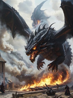 masterpiece, 8k, high_resolution,

a black fire breathing dragon with smoke coming out it's nostril has finished burning down a midevil village,very large wings, hard scale,evil eyes, looking down at a human, extreme detail,photorealistic