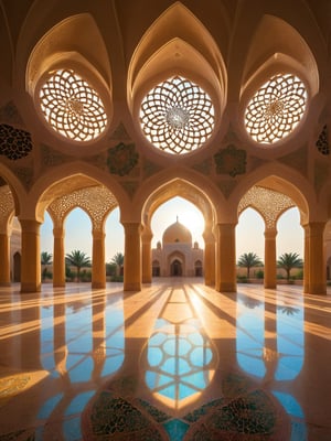 masterpiece, 8k, high_resolution,

a view from inside a mosque, flower of life pattern is shown throughout the architecture, the mosque shows the beauty of shadow and light