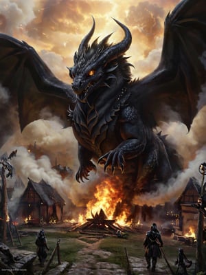 masterpiece, 8k, high_resolution,

a black fire breathing dragon with smoke coming out it's nostril has finished burning down a midevil village,very large wings, hard scale,evil eyes, looking down at a human, extreme detail,photorealistic