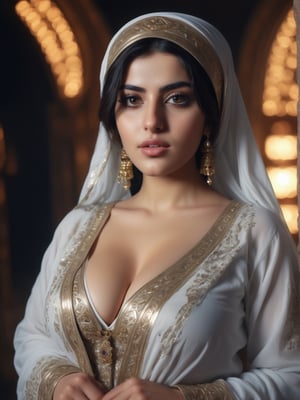 masterpiece, 8k, high_resolution,

beautiful young sexy persian woman in traditioinal clothing and hijab, big_breasts, captivating eyes, standing in front of a moque,cinematic  moviemaker style