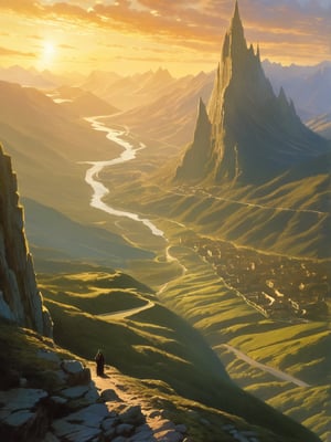 lord of the rings style city in a valley, long flying down the valley facing away matte painting, highly detailed, dynamic lighting, cinematic, realism, realistic, photo real, sunset, detailed, high contrast, denoised, centered, michael whelan, 