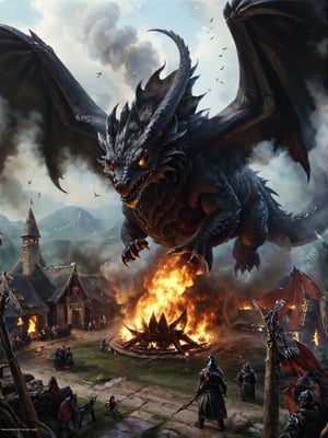 masterpiece, 8k, high_resolution,

a black fire breathing dragon with smoke coming out it's nostril has finished burning down a midevil village,very large wings, hard scale,evil eyes, looking down at a human, extreme detail,photorealistic