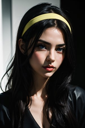 Portrait of a young, stunning woman featuring neon yellow headband as the focal point, set against a monochrome scene, blending photography with a pop of vibrant color