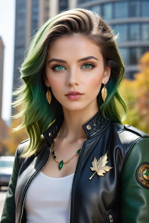 1girl, solo, looking at viewer, hair ornament, jewelry, green eyes, jacket, upper body, earrings, outdoors, parted lips, green hair, necklace, from side, lips, black jacket, leaf, ground vehicle, building, motor vehicle, forehead, zipper, city, realistic, nose, leather jacket