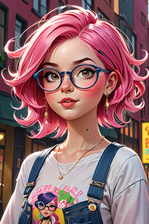 An illustration of a girl with a youthful style, characterized by her glasses and vibrant pink hair. The artwork showcases a high level of detail, capturing the intricate elements of her features and clothing. The girl's glasses add a touch of sophistication to her overall appearance, while her pink hair adds a playful and energetic vibe. The illustration is done in a cartoonish style, with exaggerated features and bold colors, giving it a whimsical and fun aesthetic. The girl's outfit reflects a youthful fashion sense, incorporating modern trends and accessories. The overall image captures the essence of a young, stylish girl with a unique and eye-catching appearance.