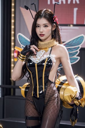 finely detailed,highres 8k wallpaper,ultra highres,masterpiece,ultra realistic,The atmosphere is captured in high grain, reminiscent of ISO 800 film with wide angle.see- through nudes, real girls, photorealistic,REALISM,
BeeSuit, hair ornament, hair flower, antennae, wings, insect wings, bow, ribbon, black leotard, wrist cuffs, fishnet pantyhose, pantyhose, fishnet, sanatw,aespakarina, long latex black gloves